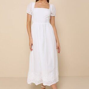 Lulus Stylish Merriment White Puff Sleeve Embroidered Midi Dress - Size M